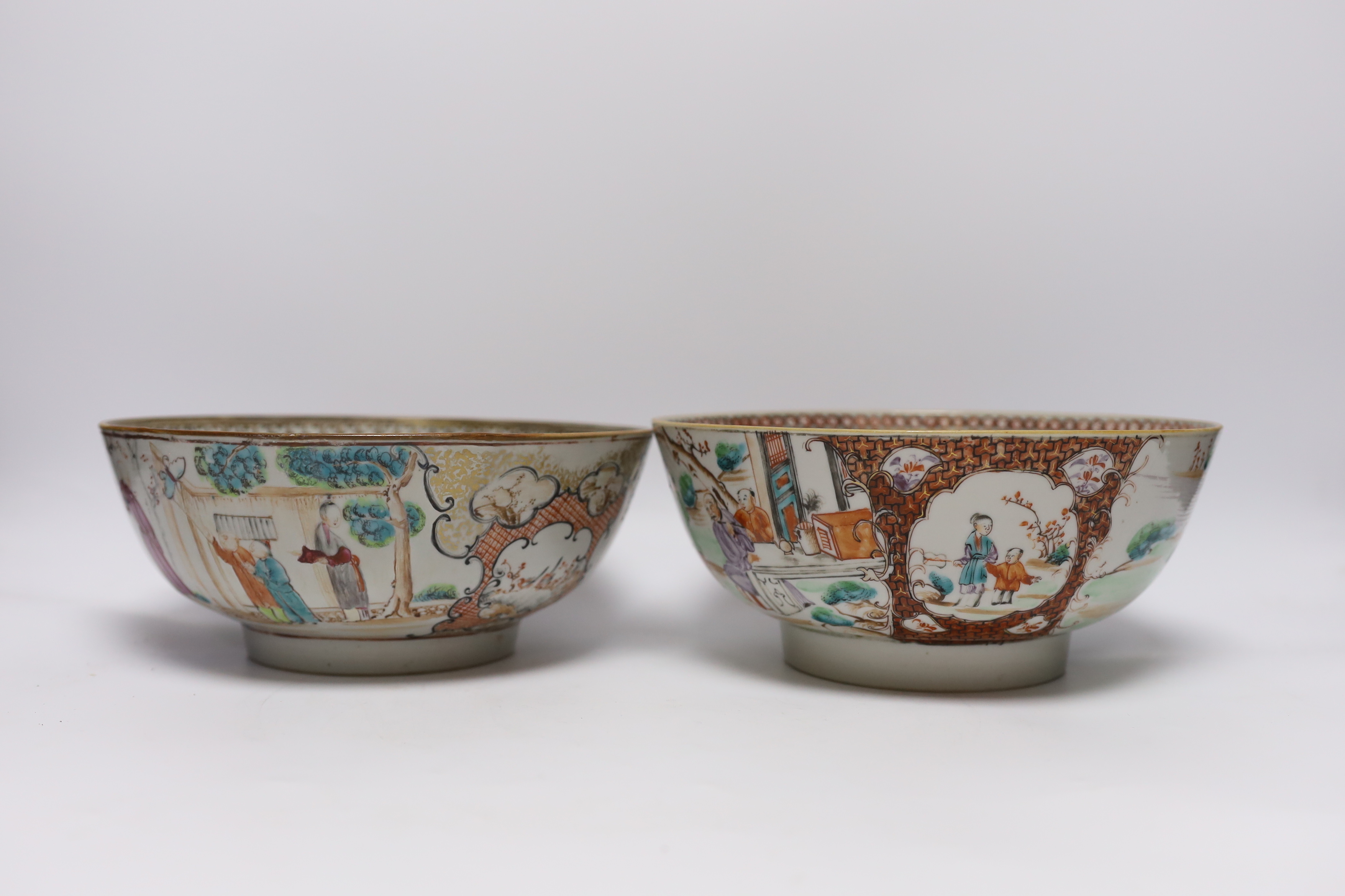 Two 18th century Chinese export famille rose bowls, largest 23cm diameter